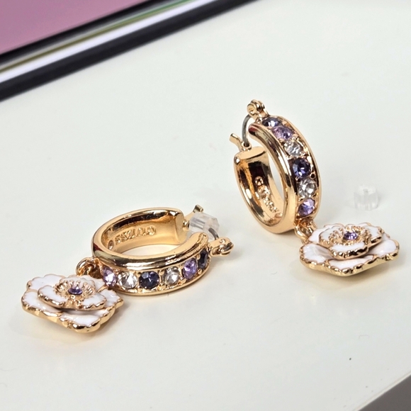 Guess Elegant Gold Tone Tan Enamel Purple Stones  Floral Hoop Earrings - Picture 4 of 16